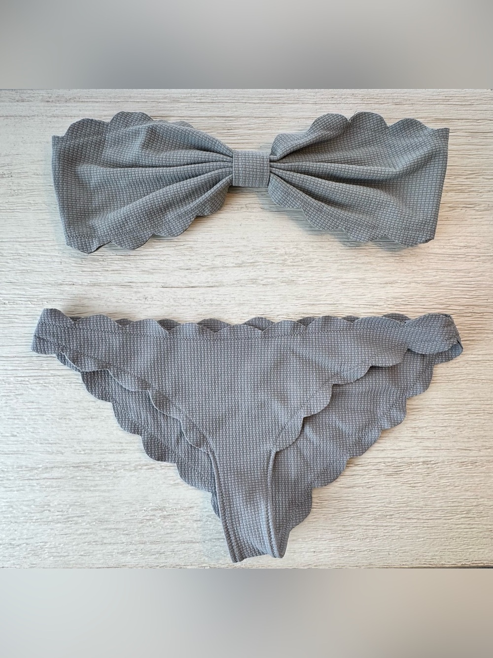 Marysia Swim Scalloped Textured Bandeau Bikini Set in Light Gray Size Medium